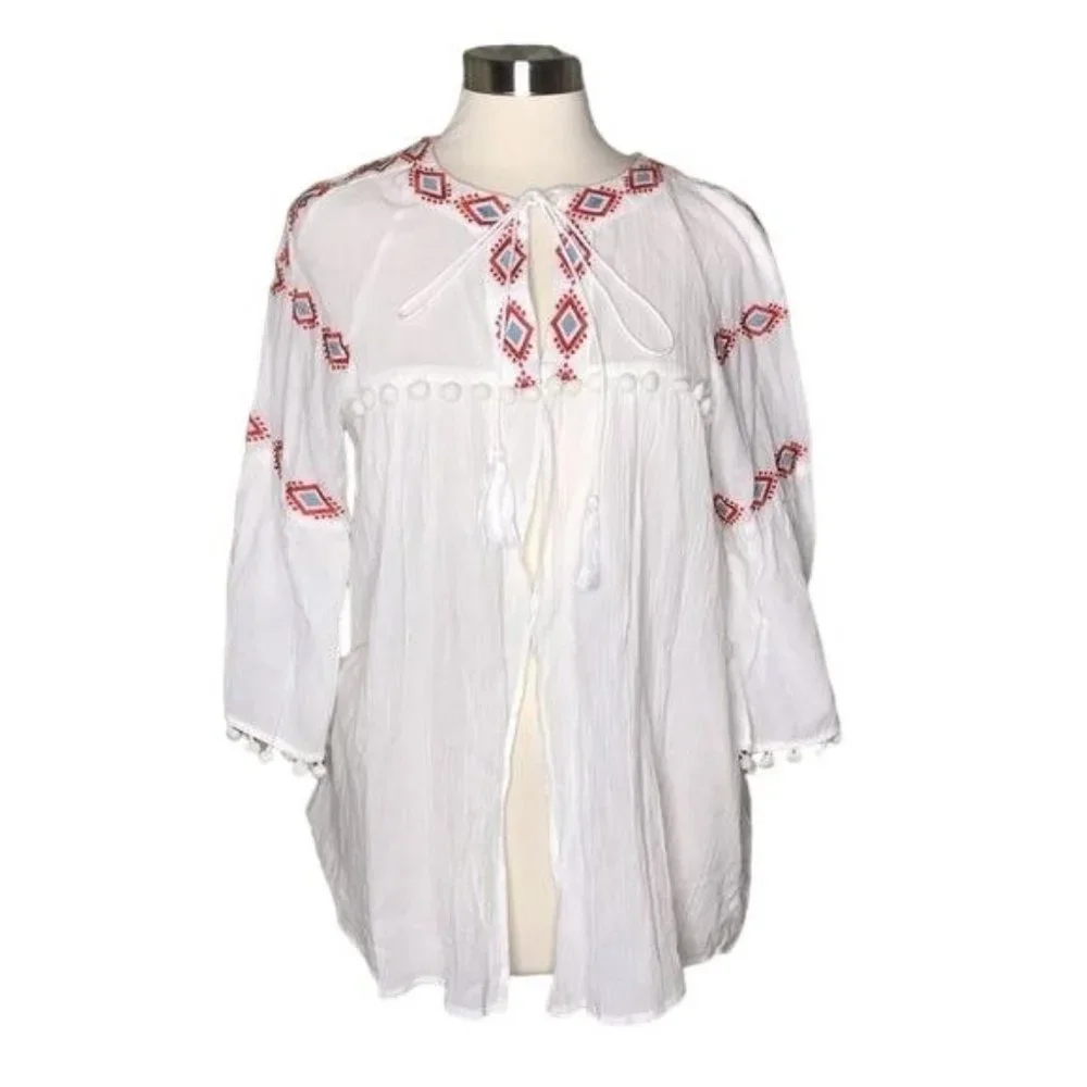 Hayden LA M off-white embroidered pompom top coverup